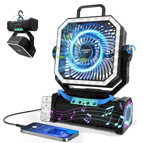 PIYOOPDR Camping Fan with Bluetooth Speaker Portable Fan,20000mAh Rechargeable Battery Powered Fans,Quiet 4-Speeds, 4-LED Light,360° Hanging Hook for Outdoor Picnic Tent Beach Travel Barbecue, Black