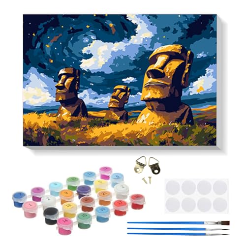 RICUVED Gigante de piedra Moai Pintar por Numeros Adultos Paisaje con Marco, DIY Cuadros para Pintar por Números con Caballete de Madera, Pintura Acrilica Manualidades Adultos Decoracion 20x30cm