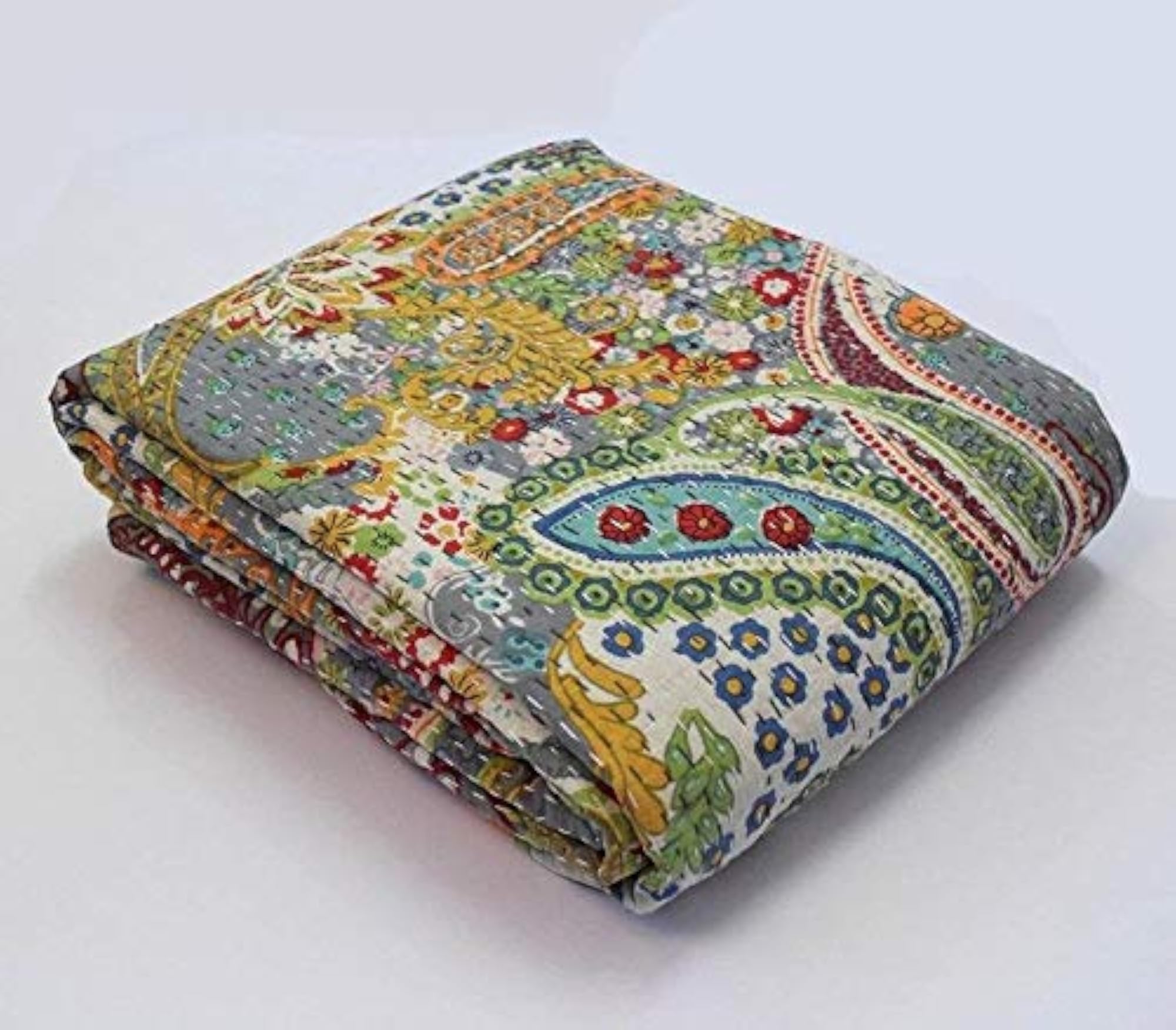 Handmade Kantha Quilt King Size, Bohemian Bedspread, Grey