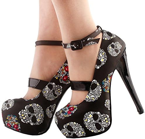 SHOW STORY Punk Black White Floral Skull Pattern Mary Jane Buckle Evening High Heel Platform Stiletto Party Pumps,LF80873BK40,9US,Black | Image 6