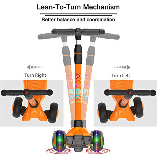 Image of Allek Kick Scooter B03, Lean 'N Glide 3-Wheeled Push Scooter with Extra Wide PU Light-Up Wheels, Any Height Adjustable Handlebar and Strong Thick Deck for Children from 3-12yrs (Orange)