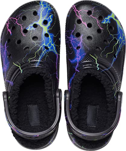 Image of Crocs Unisex Classic Graphic Lined Clogs | Fuzzy Slippers, Lightning Print, 5 Men /7 Women