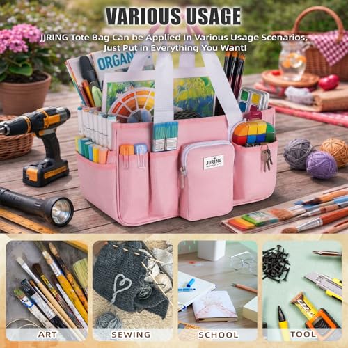 Image of JJRING Foldable Craft Organizer Tote with Zipper & Divider, Pink | Portable Art Storage Caddy Bag For Scrapbooking, Sewing, Artist & Home