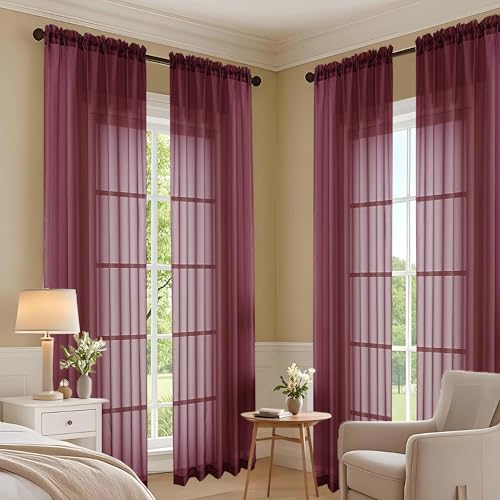 Image of OVZME Wine Bedroom Curtains 2 Panel Sets 90 Inch Length, 59 Inch Extra Wide Light Filtering Light Weight Soft Window Treatment Panels for Study Room Living Room Guest Room, 59Wx90L Inches