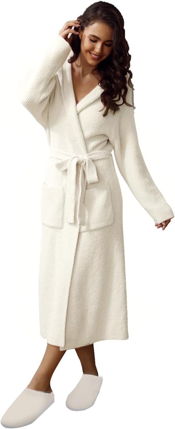 MH MYLUNE HOME Ultra Soft Robe With Pockets, Spa Bathrobe Loungewear Calf-Length, Plush Fuzzy Fluffy Wrap Robe for Women