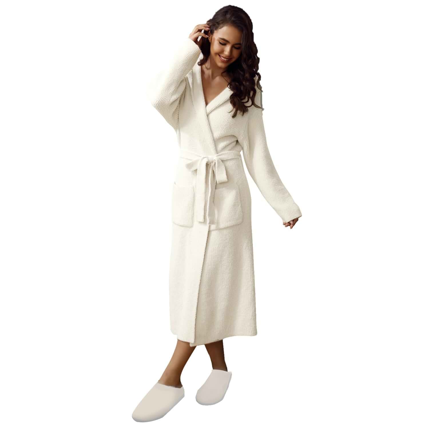 MH MYLUNE HOME Ultra Soft Robes for Women with Pockets, Womens Robe Plush Hooded House Robes for Women Calf-Length, Spa Bath Robe, Cozy Comfy Fluffy Fuzzy Robe for Women, Womens Bathrobe