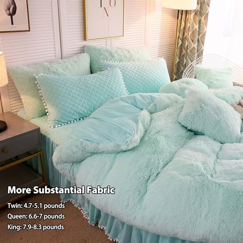 Image of LIFEREVO Luxury Plush Shaggy Duvet Cover Set (1 Faux Fur Duvet Cover + 1 Pompoms Fringe Pillow Sham) Solid, Zipper Closure (Twin, Mint)