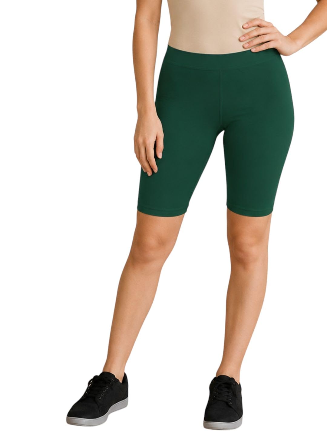 Women 95% Cotton 5% Lycra Bottle Green Solid Legging Shorts-image-3