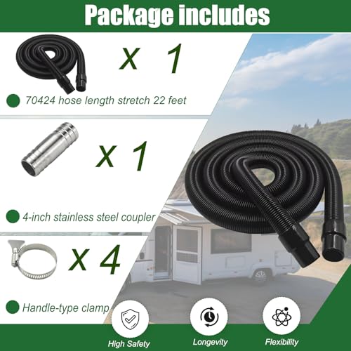 Image of 70424 RV Macerator Hose Sewer Kit for Thetford Sani-Con 62-5800 15 /12,62-5800 35 /45,22FT Camper Sewage Pump Hose /Waste Water Hose with Connect Fitting,4 tightening hoops, Black