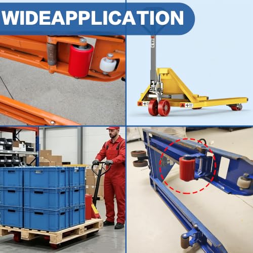 Image of A Pair Pallet Jack Load Wheels Replacement Kit 3 inchx3.75 inch(74.5mm x 93mm) Red | Including Heavy Duty PU Tread Wheels,Pre-Installed Bearings ID 20mm,Axles& Pins, Also for Manual Hand Lift Truck Rear