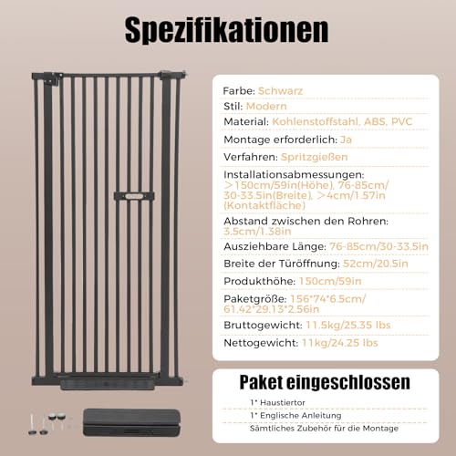 Treppengitter Schutzgitter für Haustiere Extra Hoch 150cm, Treppengitter Ohne Bohren Hundezaun Versenkbare Tür Sicherheitstor mit 2 rutschfeste Fußpedale, für Kinder und Haustiere