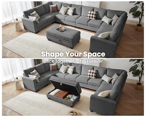 Image of CHIC HOUSE Modular Sectional Couch| Corduroy L Shaped Sleeper Sofa, U-Shape Sofa Bed Convertible Chaise with Storage Ottoman for Living Room Modern Furniture (Dark Grey, 12 Seater U-Shaped)