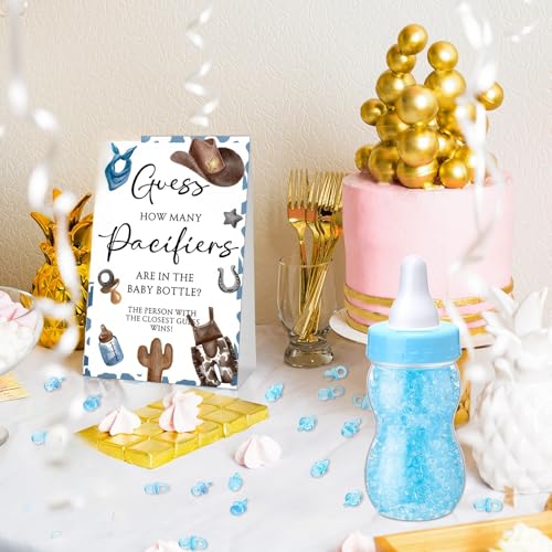 Image of Roowest 512 Pcs Baby Shower Games Guess How Many Pacifiers Sign 100 Small Guessing Games 10 HB Pencils 750ml Milk Bottle 400 Acrylic Pacifiers Decoration for Guest Gender Reveal(Blue,Cowboy)