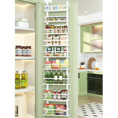 jinligogo Over the Door Pantry Organizer 9-Tier Adjustable Basket, Hanging Narrow Spice Rack, Behind the Closet Door Storage Heavy Duty for Kitchen, Laundry Organization -White