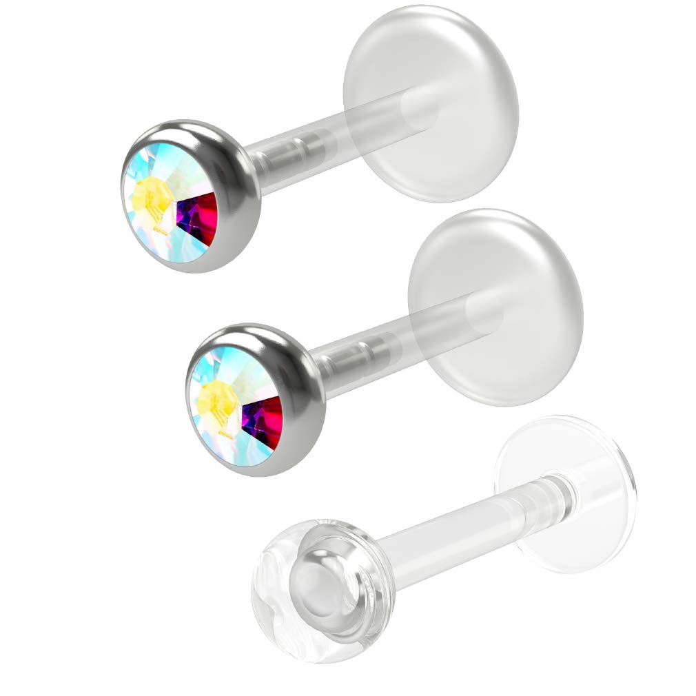 Evonix2pc 16g 1/4 Bioflex Labret Studs 3mm CZ Crystal Lip Rings Bioplast 6mm Piercing Jewelry + Retainer