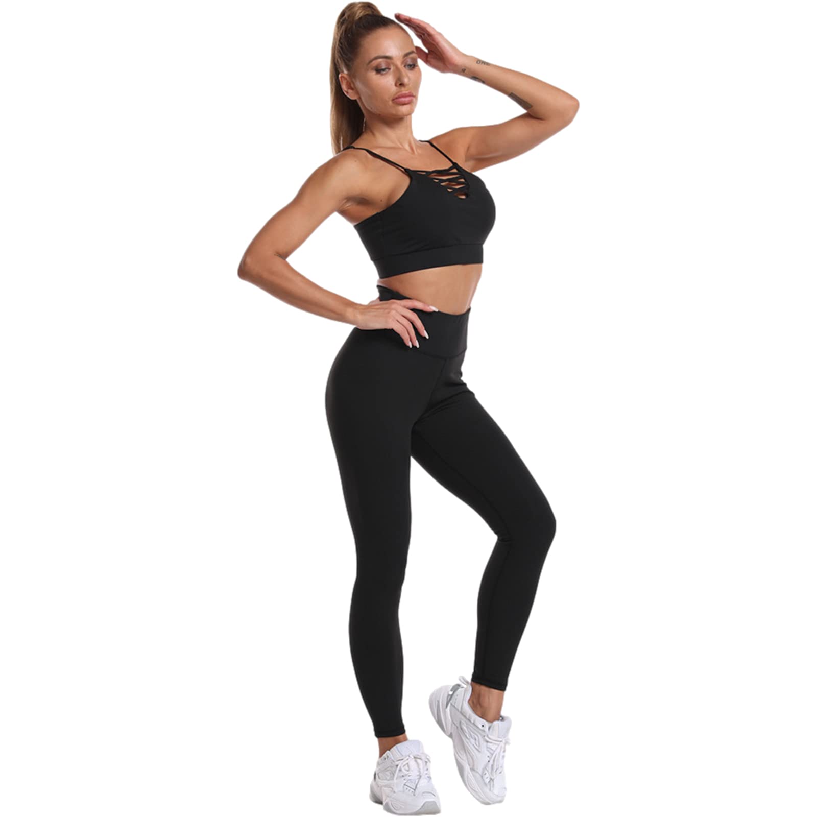 Donna 3 Pezzi Tuta da Yoga Gym Allenamento Sexy Reggiseno a Canotta Incrociato + Top Corto con Cappuccio + Legging Palestra Fitness Abbigliamento Sportivo