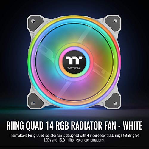 Image of Thermaltake Riing Quad 140mm 16.8 Million RGB (Alexa, Razer Chroma Enabled), 4 Light Rings 54 LED 9 Blades, Hydraulic Bearing White Case /Radiator Fan (NO Controller), Single Pack, CL-F101-PL14SW-C