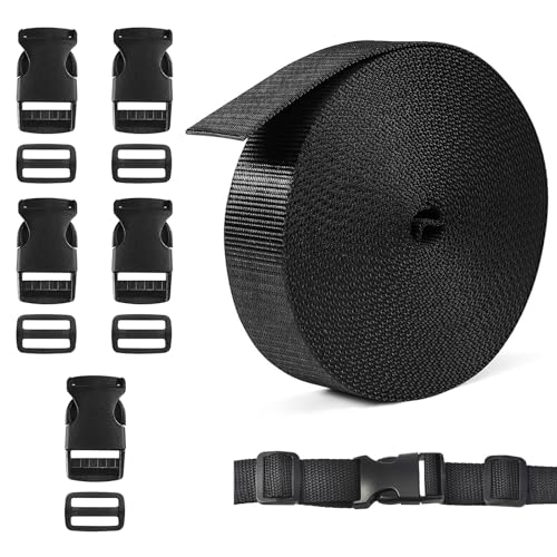 Gurtband mit Schnalle, 5 m x 25 mm Nylongurtband mit 5 Paare Schnallen Schweres Gurtbänder Nylon Gurt für DIY Handwerk Rucksack Umreifung Tasche Gurtband Gepäck Befestigung