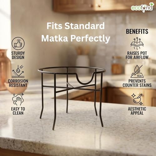 Image of ecofynd Round Heavy Duty Lyam Matka Stand for Kitchen, Water Pot Stand, Terracotta Stand for Kitchen Utensils, Multipurpose Dispenser Rack, Pot Stand, Jar Holder, (PS301-BLK)