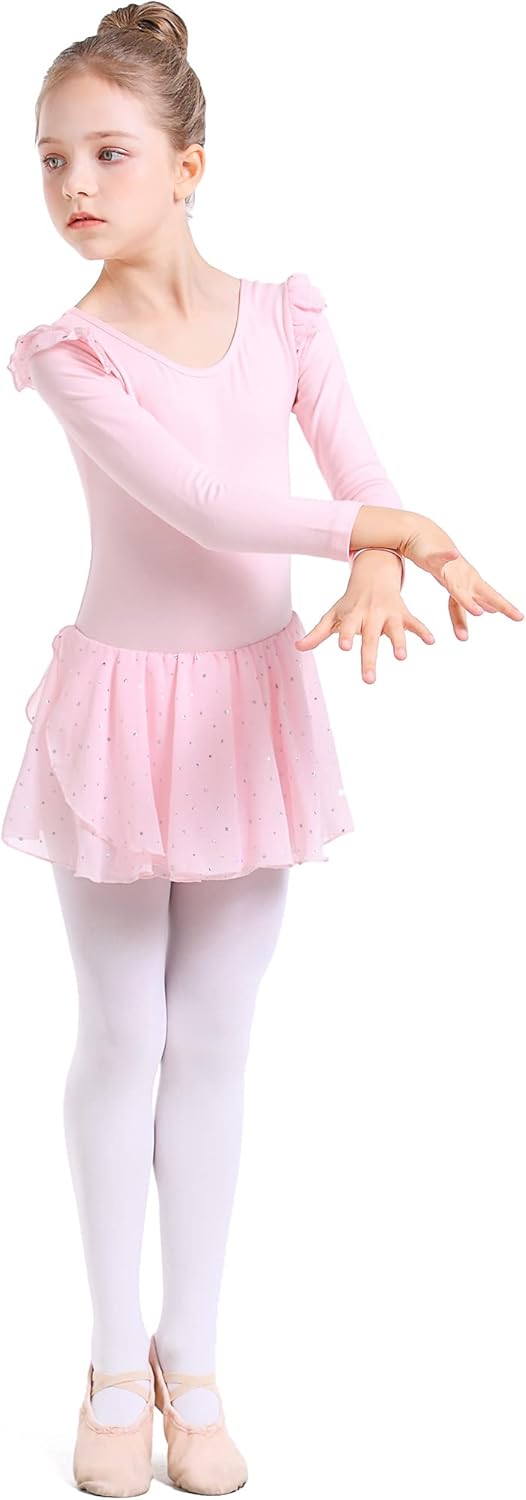 danswan Toddler Girls Long Sleeve Ballet Leotards Dance Dresses Outfit Ballerina with Hollow Back and Glitter Skirt (8-9Years, Ballet Pink) - Image 4