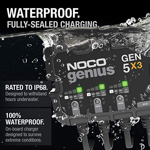 Noco Genius Gen5X3, 3-Bank, 15A (5A/Bank) Smart Marine Battery Charger, 12V Waterproof Onboard Boat Charger, Battery Maintainer And Desulfator For Agm, Lithium (Lifepo4) And Deep-Cycle Batteries #TOP2