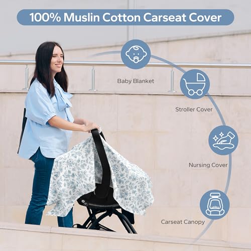 Image of SERAPHY 100% Muslin Cotton Car Seat Covers for Babies - Universal, Breathable Canopies for Boys and Girls - Soft Summer Car Seat Cover - Blue Flowers