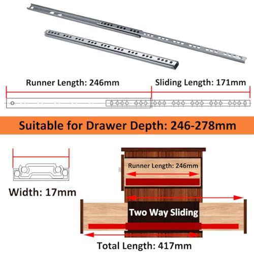 MOCNT 4 Pair (8 Piece) Heavy Duty 17mm Drawer Runners 246mm Drawer Rail Runners Ball Bearing Steel Drawer Slides Cabinet Sliding Full Extension Kitchen Desk Rail Runners - Image 3