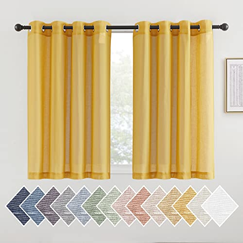 NICETOWN Kitchen Curtains 45 inch Length, Grommet Short Curtains Semi Sheer Linen Drapes Privacy with Light Filtering for Bedroom/Basement, Citrine, W52 x L45, 2 Panels