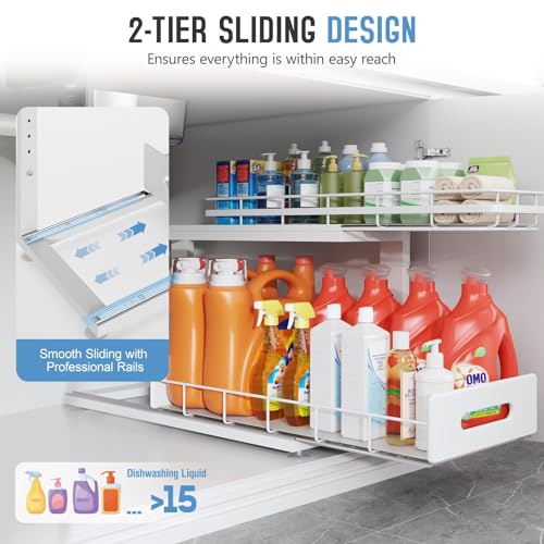 Image of Under Sink Organizer Upgrade To Professional Rails,2-Tier Dual Pull Out Cabinet Storage,Height Adjustable Slide Out Drawers For Bathroom Kitchen,2 Pack-21 inchDx12.8 inch-16.9 inchH,White