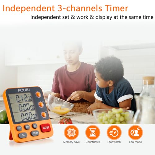 FCXJTU Digital Dual Triple Kitchen Timer, 3 Channels Count UP/Down Memory Timer, Large Display Cooking Timer, Loud Volume Alarm and Flashing Light with Magnetic Back, Stand, Battery Included (Blue)