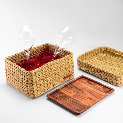 Image of Pour & Platter Gift Hamper - Set of 2 Wine Glasses, Handcrafted Acacia Wood Platter & Reusable Seagrass Basket - Premium Festive Gift for Couples | Birthday | Anniversary | Wedding