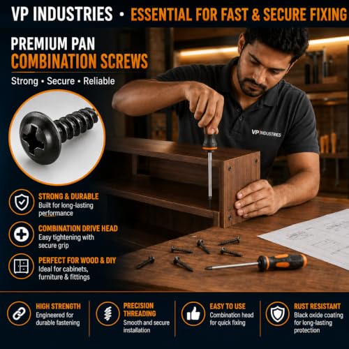 Image of By inchVP INDUSTRIES inch (Pcs-50) No.8x13 mm Pan Head Combination Phillips-Slotted Self-Tapping Screw - Black Zinc, High-Tensile for Wood, Metal, Furniture & DIY Applications