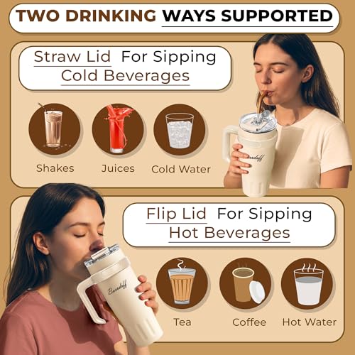 Image of Insulated Tumbler with Straw Lid and Handle (1200 ML) Double Wall Sipper Water Bottle for Adults, Tumbler Bottle with Straw (Luxe Creme, 1200 ML, with Panda Straw Coverr)