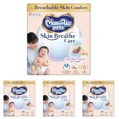 Image of MamyPoko Pants Skin Breathe Care | Baby Diapers Small Size (S) | 74 Count | 4-8Kgs | Half Skin Touch Airy Sheet | 3X Breathable | Derma Tested (Pack of 4)