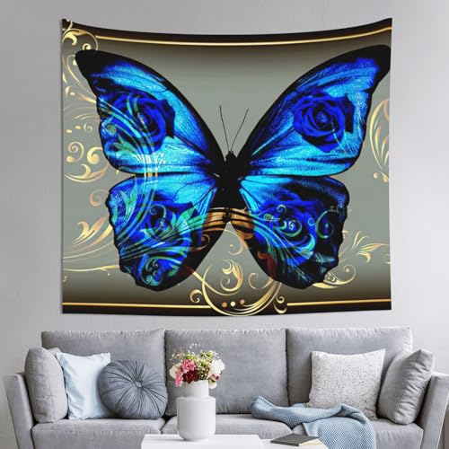 Tapisserie murale papillon bleu de 152x130cm : deco textile de salon et canape