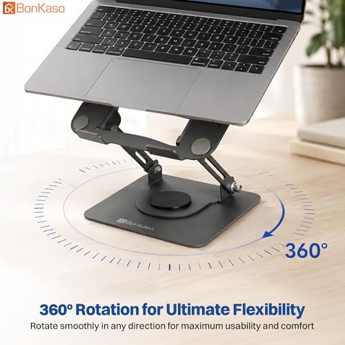Image of BonKaso 360 Rotating Metal Laptop Stand, Height & Angle Adjustable, Foldable Design, Carbon Steel Build, Ventilated Cooling, Supports Up to 5kg, Compatible with Laptops & MacBook (Up to 17.3 inch) - Grey
