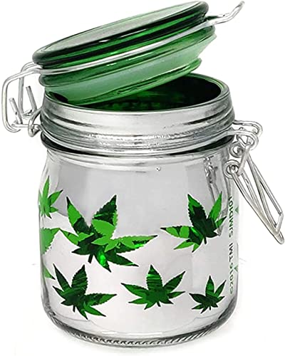 Airtight Glass Storage Jar Medium 3.75" Tall (Metallic Silver/Green Leaves)