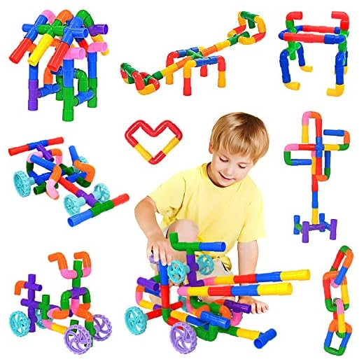 FUBAODA STEM Learning Pipe Tube Toys, Tube Locks Construction Building Blocks 96 Pcs - Multicolor Educational Building Blocks Set with Wheels& Spouts & Joints for Kids Ages 3+