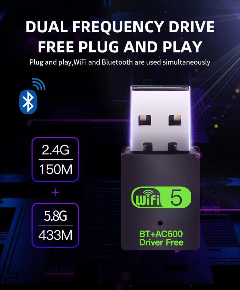 Image of BLACKBOOST USB WiFi Bluetooth Adapter, 600Mbps Dual Band 2.4 /5Ghz Wireless Network External Receiver, Mini WiFi Dongle for PC /Laptop /Desktop