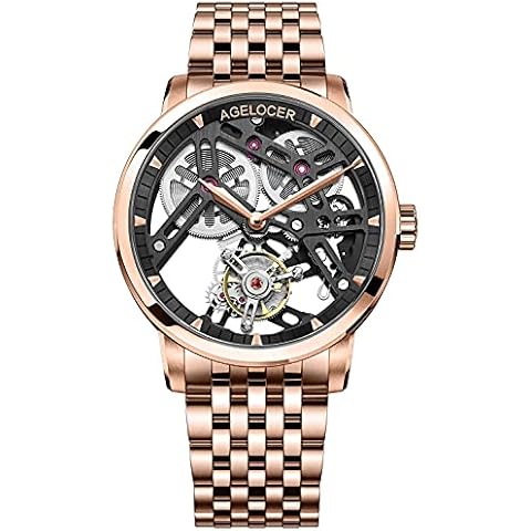 AGELOCER Men Mechanical Watch Skeleton Watch Tourbillon Wrist Watch with Mechanical Movement and Skeleton Dial Luxury Dress Watch (UUL:9001D9) Cover