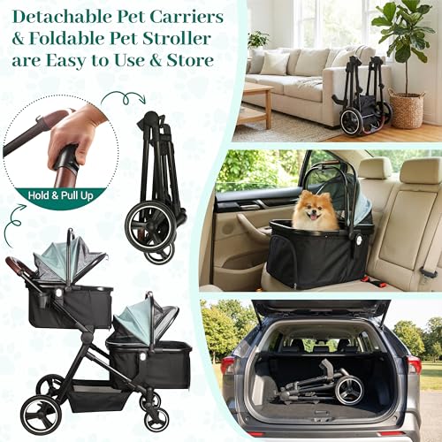 Image of Foldable Double Pet Stroller for 2 Small Medium Cats Dogs | Convertible single /double | Detachable carriers | All-terrain wheels & shock | Safety brakes & tether | Breathable oxford