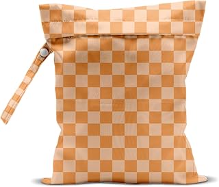 Wet Bag, Wet Dry Bag, Waterproof Swim Bags, Machine Washable Reusable Bags for Beach, Pool, Diapers, and Dirty Yoga Gym Clothes(Warm Orange Small Checkerboard Design)
