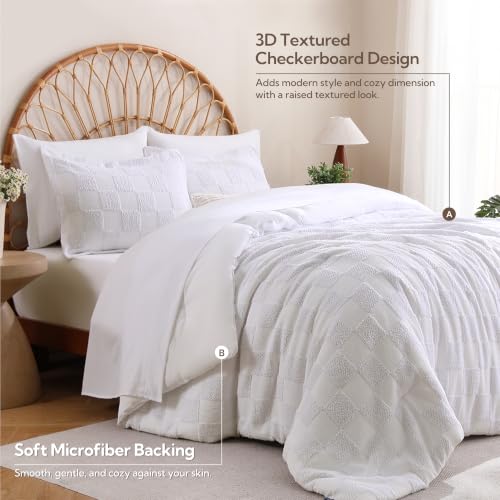 Image of MR&HM 7 Pieces Comforter Set Full, Checkered Boho Tufted Bed Set White | Farmhouse Vintage Bed with Plaid Geometric Design, All-Season Bed in A Bag Comforter with Sheets, Pillow Shams & Pillowcases