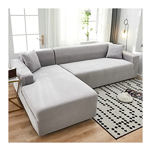 Funda de sofá en forma de L gris claro de 3+3 plazas en forro polar elástico 2