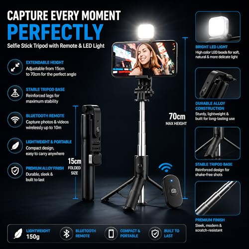 Image of Selfie Stick Tripod with Light, Tripod Stand for Phone with Light, 3 in 1 Design Selfie Stand, Rechargeable LED Light with Two Brightness Levels with Bluetooth Remote