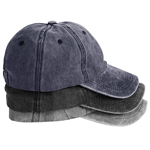 MEINICY 3 Pack Washed Plain Baseball Cap, Retro Adjustable Dad Hat Gifts for Men/Women,Unstructured/Cotton (Black+Gray+Navy)