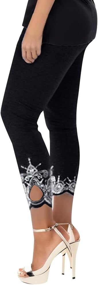 Lace Leggings for Women Elegant High Waisted Capri Cropped Leggings Stretch Lace Trim Soft Tights Yoga Pants Plus Size