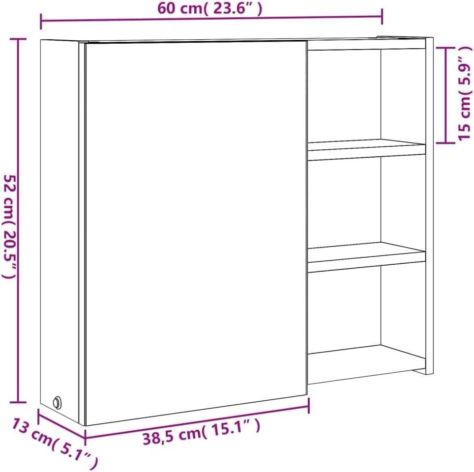 Dimensional diagram of the vidaXL LED Mirror Bathroom Cabinet showing width 60cm (23.6''), height 52cm (20.5''), depth 13cm (5.1''), and mirror width 38.5cm (15.1'').