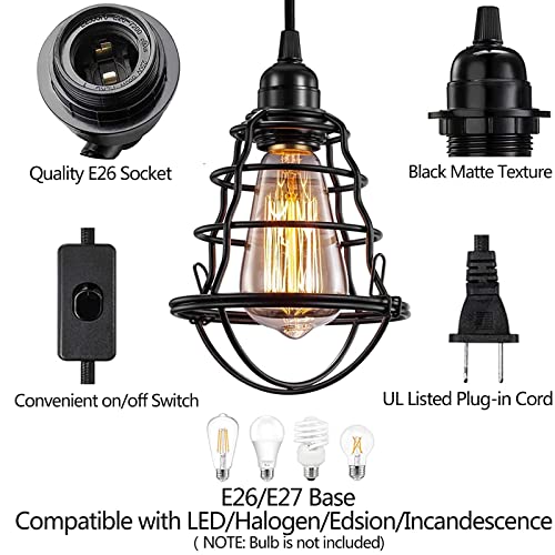 Industrial Plug In Pendant Light Vintage Hanging Cage Pendant Lighting E26 E27 Mini Pendant Light Edison Plug In Light Fixture On/Off Switch 2 Pack #TOP3