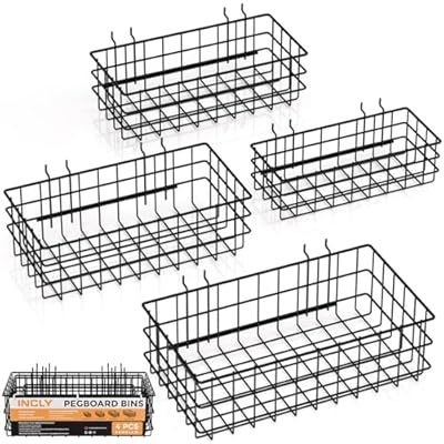 INCLY 4 Pack Pegboard Baskets Bins Set, 4 Size Square Style Black Metal Wire Basket for Any Peg Board Organizing Tools, Pegboard Accessories for Workbench Garage Wall Storage Attachments